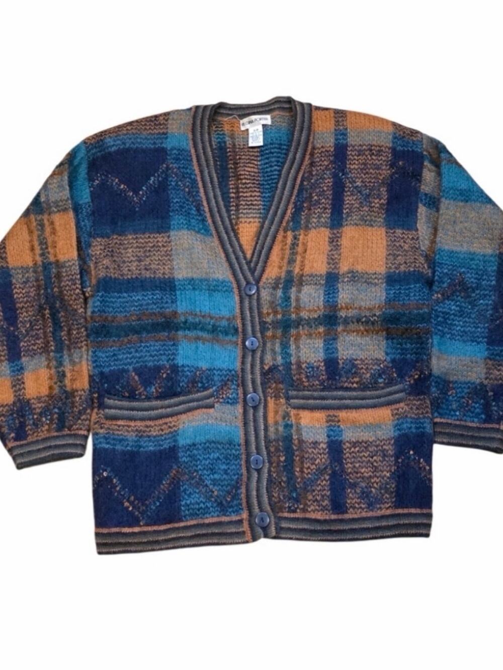 Vintage Regina Porter 50% Mohair Plaid Cardigan S/P Oversized Grandpa Sweater